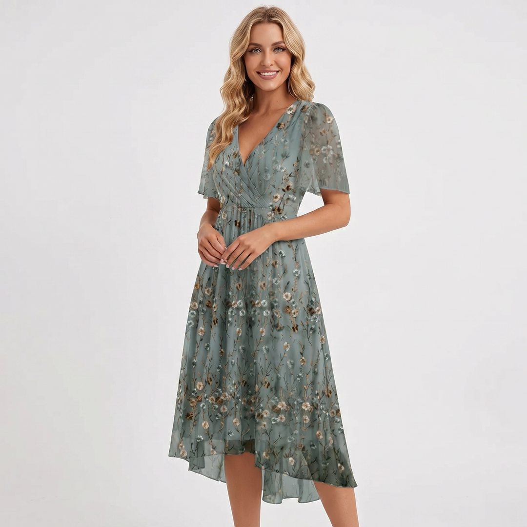 Wrap Dress - V Neck Flutter Sleeve Chiffon Midi