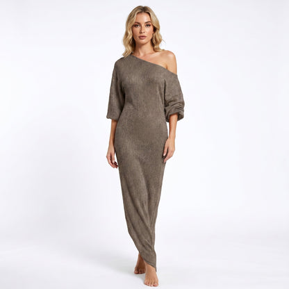 Linen Maxi Dress - One Shoulder Oversized Batwing Sleeve