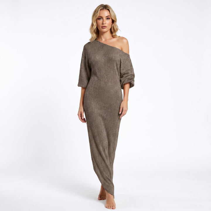 Linen Maxi Dress - One Shoulder Oversized Batwing Sleeve