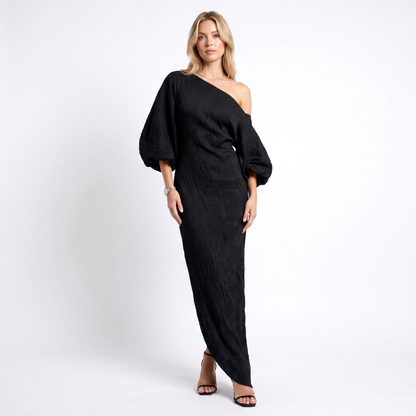 Linen Maxi Dress - One Shoulder Oversized Batwing Sleeve