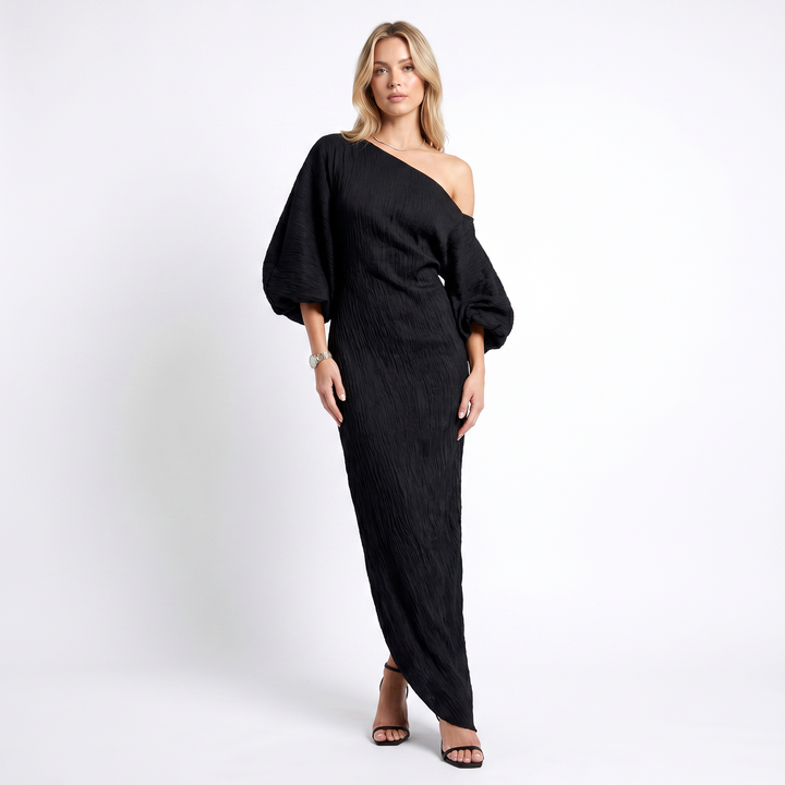 Linen Maxi Dress - One Shoulder Oversized Batwing Sleeve