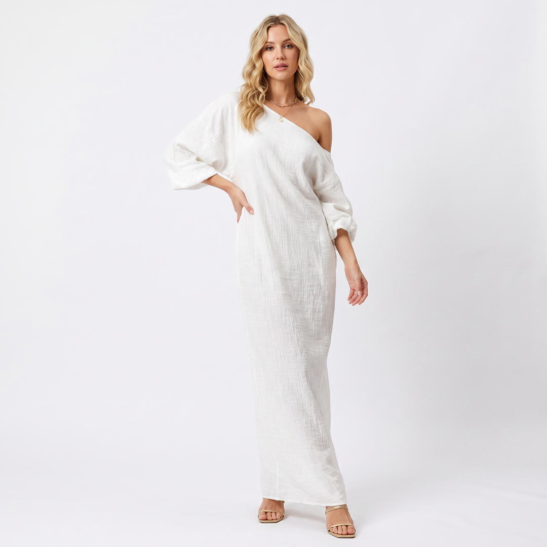 Linen Maxi Dress - One Shoulder Oversized Batwing Sleeve
