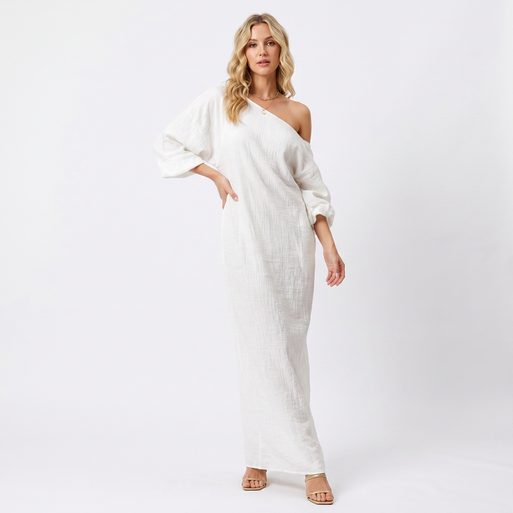 Linen Maxi Dress - One Shoulder Oversized Batwing Sleeve