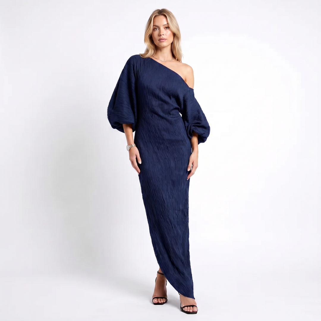Linen Maxi Dress - One Shoulder Oversized Batwing Sleeve
