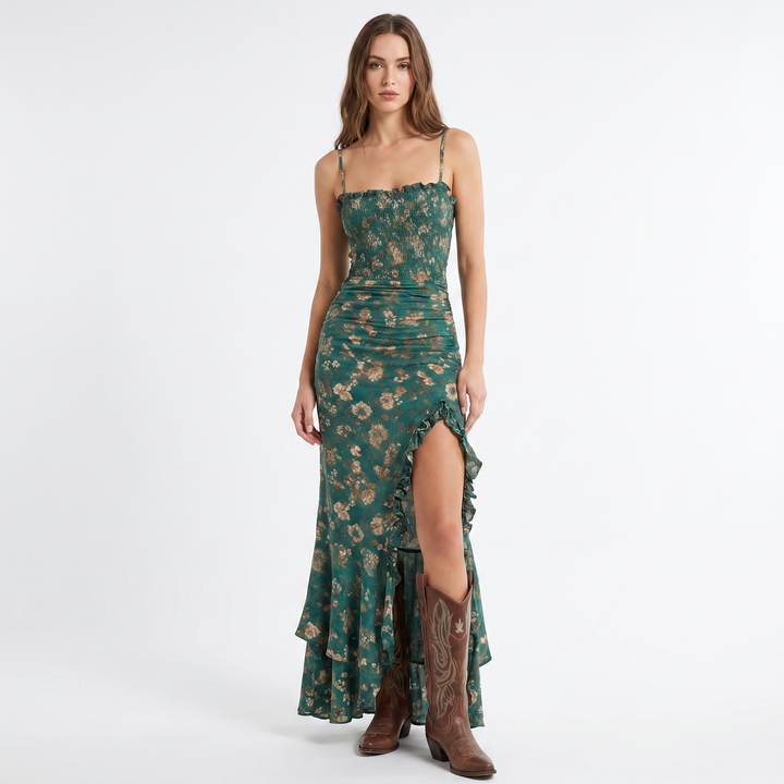 Boho Dress Smocked - Ruffle Strap Split Hem Maxi