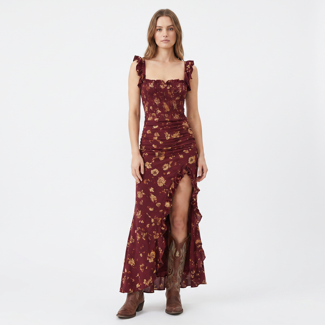 Boho Dress Smocked - Ruffle Strap Split Hem Maxi