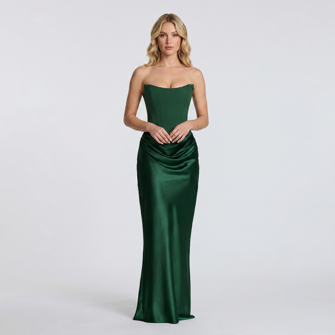 Satin Maxi Dress - Strapless Corset Ruched Bodycon