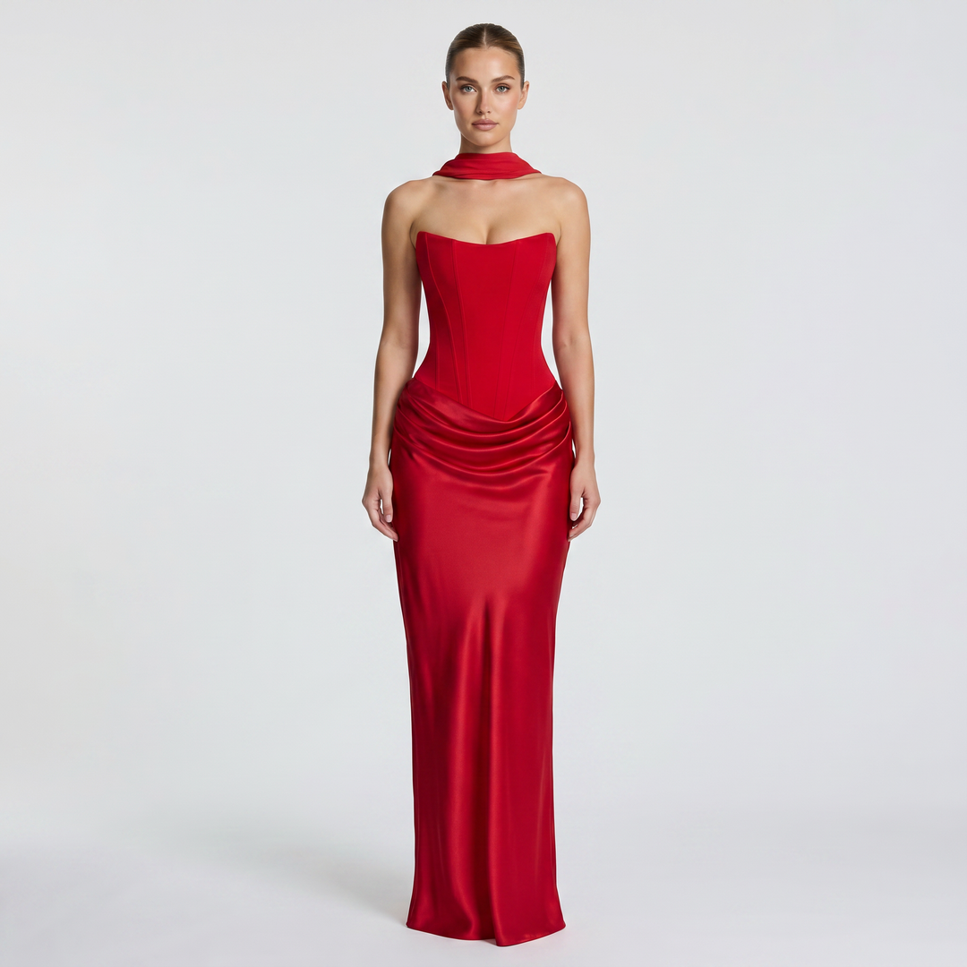 Satin Maxi Dress - Strapless Corset Ruched Bodycon