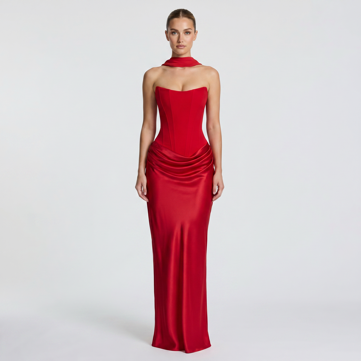 Satin Maxi Dress - Strapless Corset Ruched Bodycon