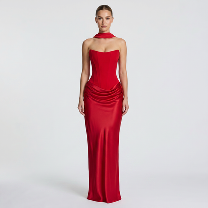 Satin Maxi Dress - Strapless Corset Ruched Bodycon