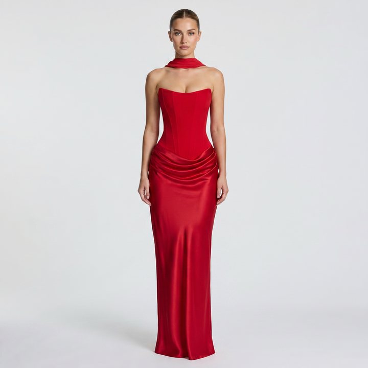 Satin Maxi Dress - Strapless Corset Ruched Bodycon