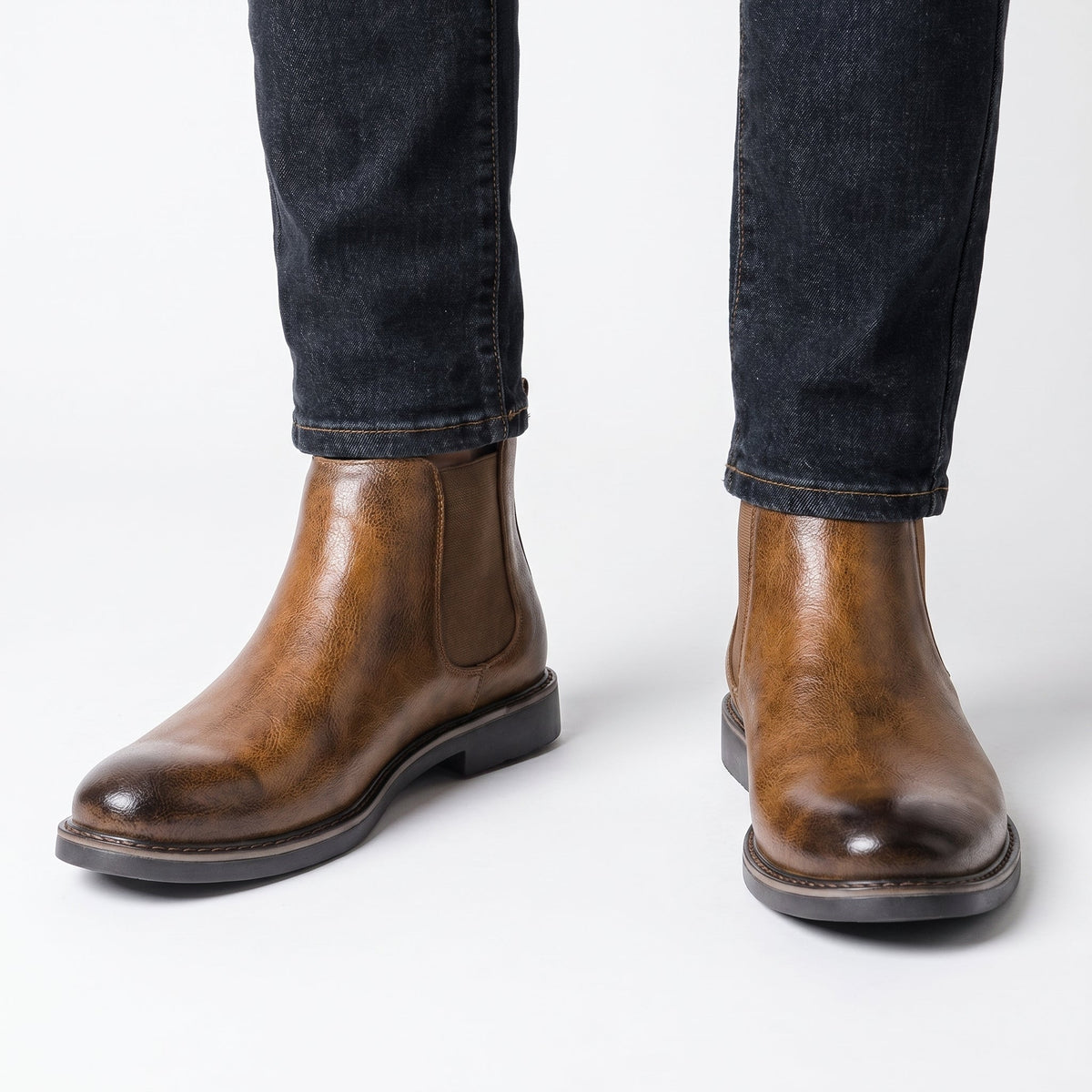 Men's Chelsea Winter Boots Leather-Look Elastic Side Pull-On