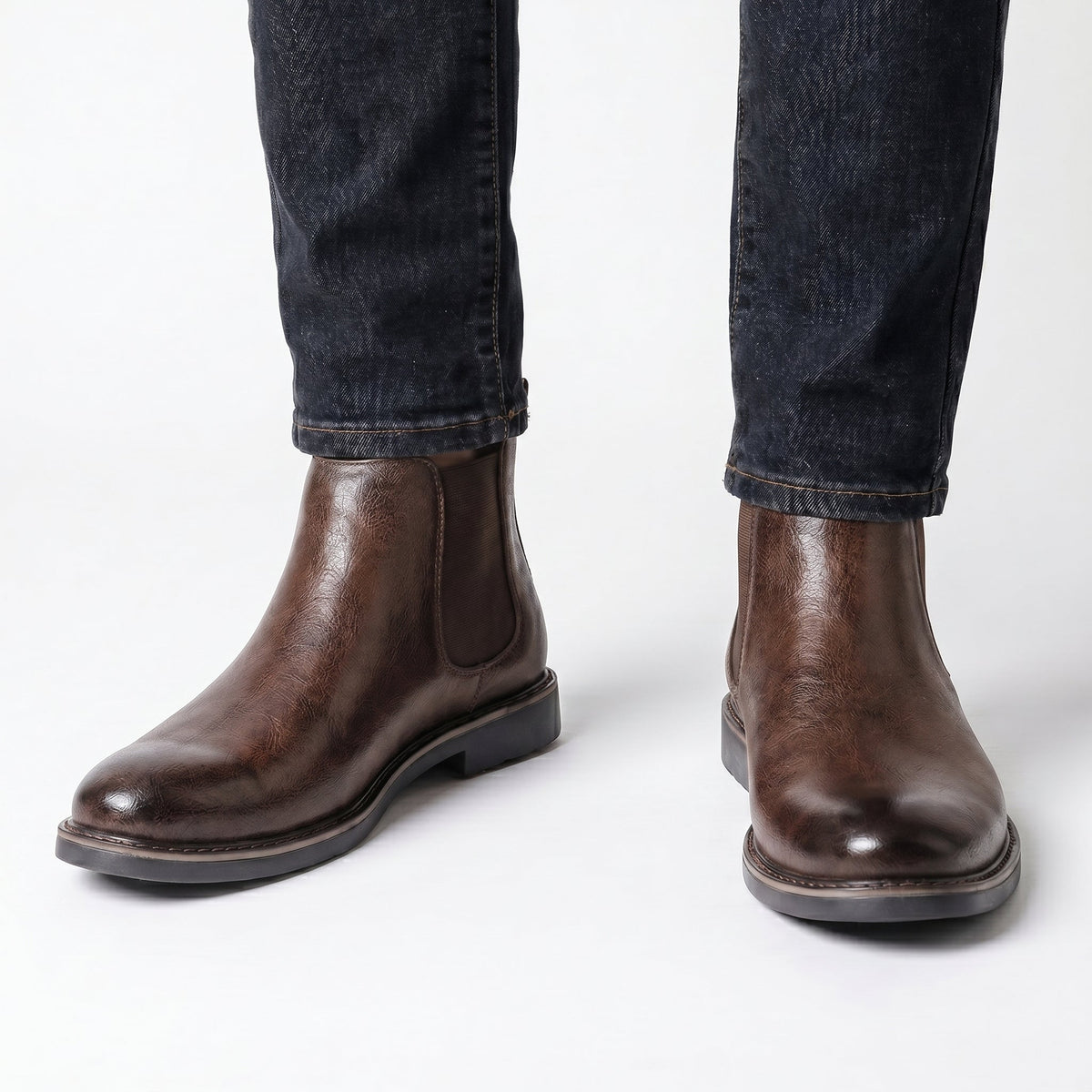 Men's Chelsea Winter Boots Leather-Look Elastic Side Pull-On