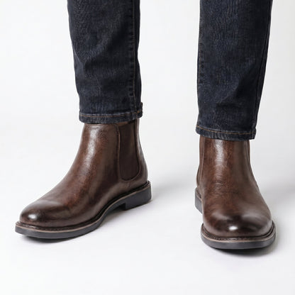 Men's Chelsea Winter Boots Leather-Look Elastic Side Pull-On