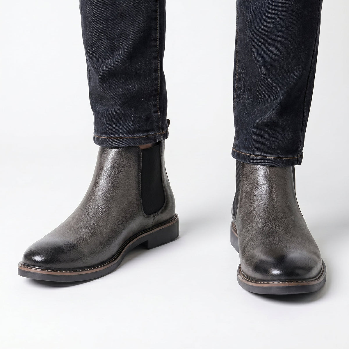 Men's Chelsea Winter Boots Leather-Look Elastic Side Pull-On