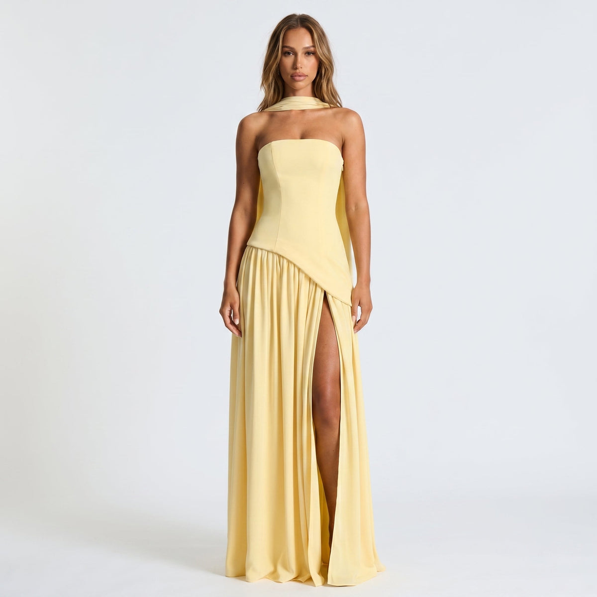 Women's Strapless Maxi Dress Draped Winter Scarf Neck High Slit