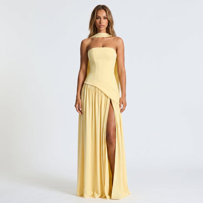 Women's Strapless Maxi Dress Draped Winter Scarf Neck High Slit