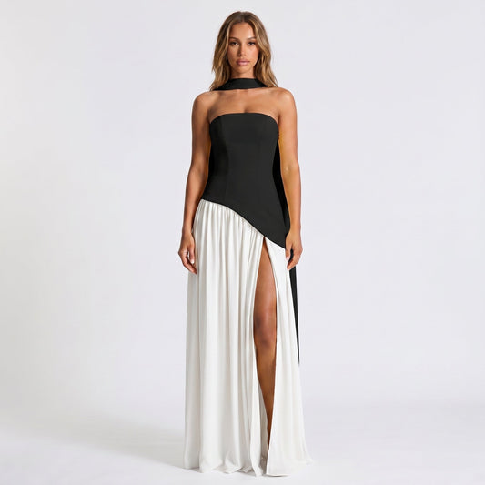 Women's Strapless Maxi Dress Draped Winter Scarf Neck High Slit