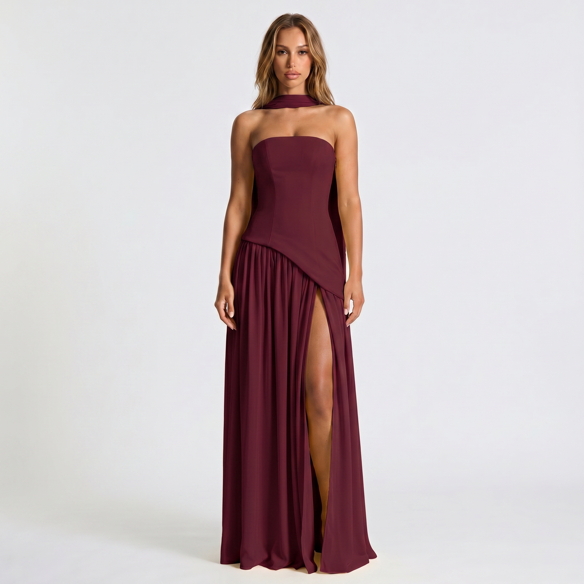 Women's Strapless Maxi Dress Draped Winter Scarf Neck High Slit