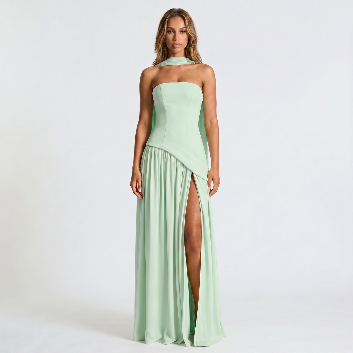 Women's Strapless Maxi Dress Draped Winter Scarf Neck High Slit