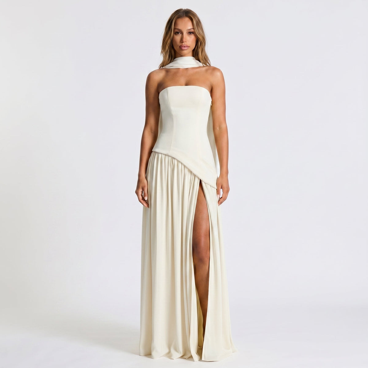 Women's Strapless Maxi Dress Draped Winter Scarf Neck High Slit