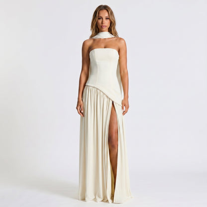 Women's Strapless Maxi Dress Draped Winter Scarf Neck High Slit
