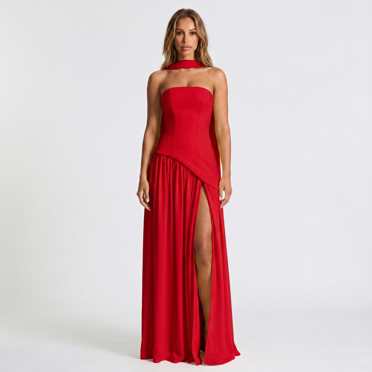 Women's Strapless Maxi Dress Draped Winter Scarf Neck High Slit