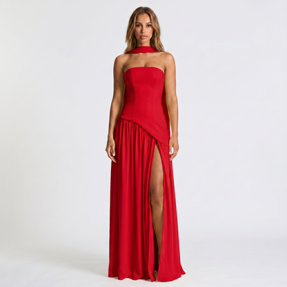 Women's Strapless Maxi Dress Draped Winter Scarf Neck High Slit