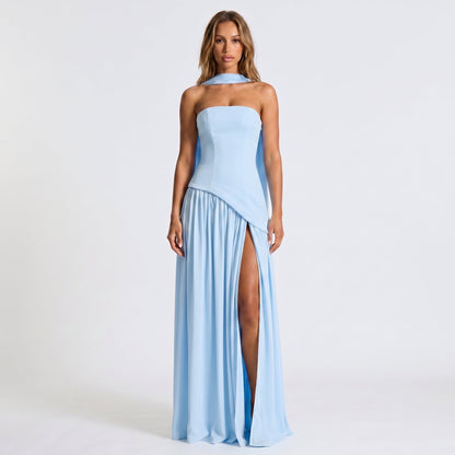 Women's Strapless Maxi Dress Draped Winter Scarf Neck High Slit