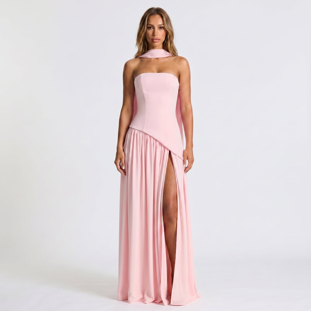Women's Strapless Maxi Dress Draped Winter Scarf Neck High Slit