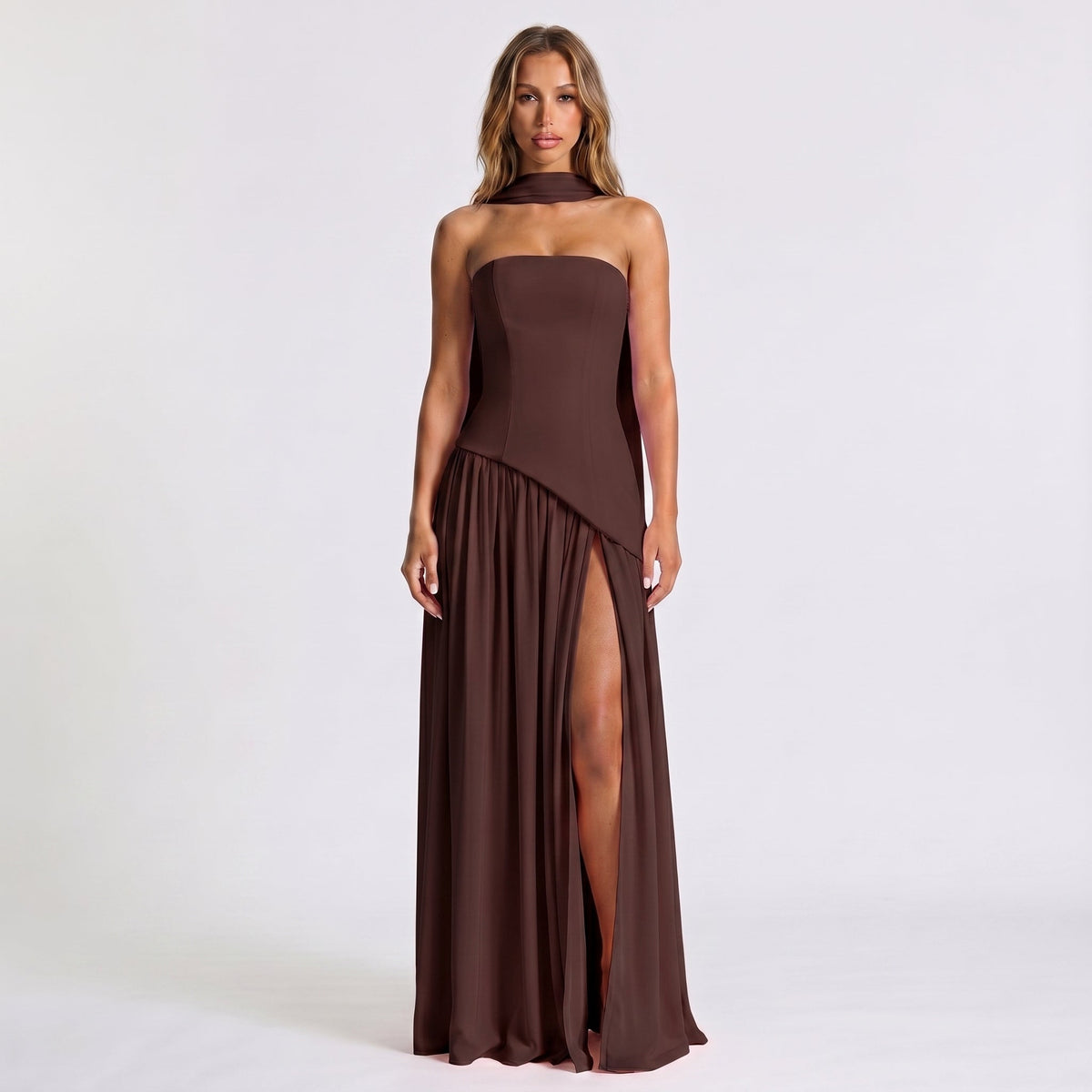Women's Strapless Maxi Dress Draped Winter Scarf Neck High Slit
