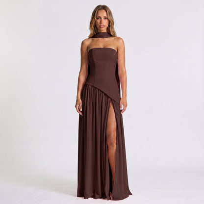 Women's Strapless Maxi Dress Draped Winter Scarf Neck High Slit