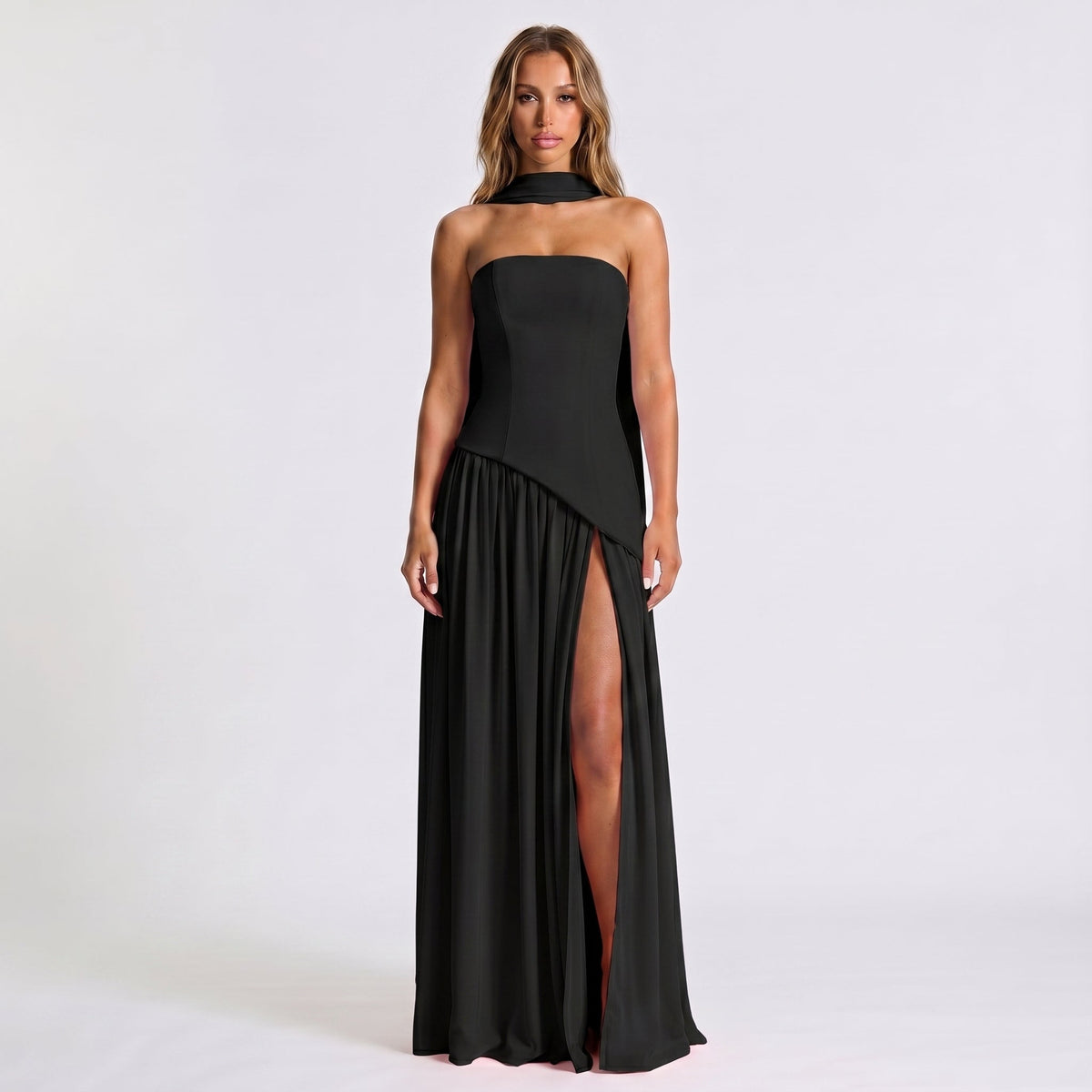 Women's Strapless Maxi Dress Draped Winter Scarf Neck High Slit