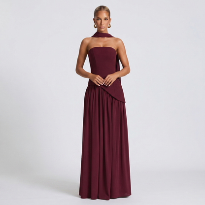 Women's Strapless Maxi Dress Corset Bodice Pleated Skirt Scarf Formal Gown