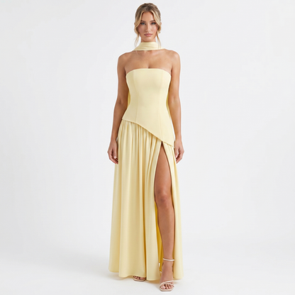 Women's Strapless Maxi Dress Corset Bodice Pleated Skirt Scarf Formal Gown