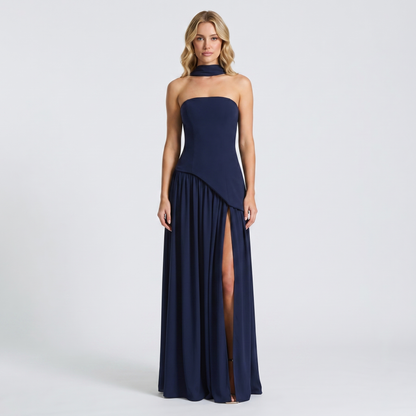 Women's Strapless Maxi Dress Corset Bodice Pleated Skirt Scarf Formal Gown