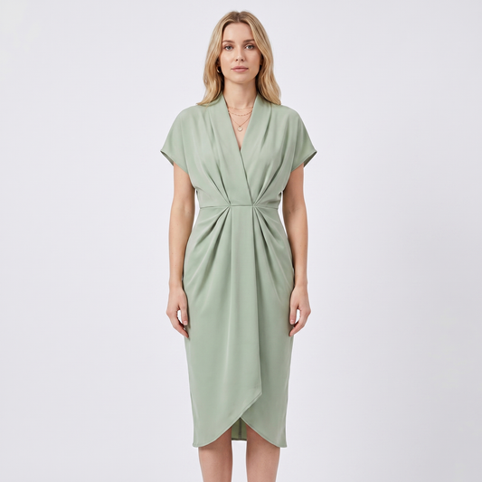 Women's Wrap Midi Dress V-Neck Twisted Waist Batwing Sleeve Smart Casual