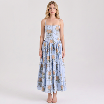 Women's Corset Bodice Maxi Dress Spaghetti Strap Full Skirt A-Line Sundress