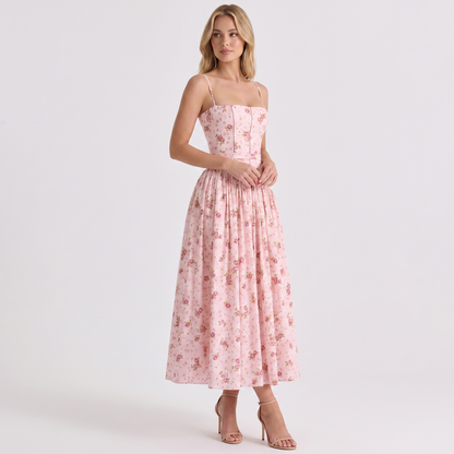 Women's Corset Bodice Maxi Dress Spaghetti Strap Full Skirt A-Line Sundress