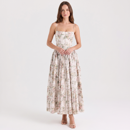 Women's Corset Bodice Maxi Dress Spaghetti Strap Full Skirt A-Line Sundress