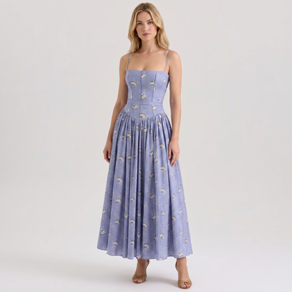 Women's Corset Bodice Maxi Dress Spaghetti Strap Full Skirt A-Line Sundress