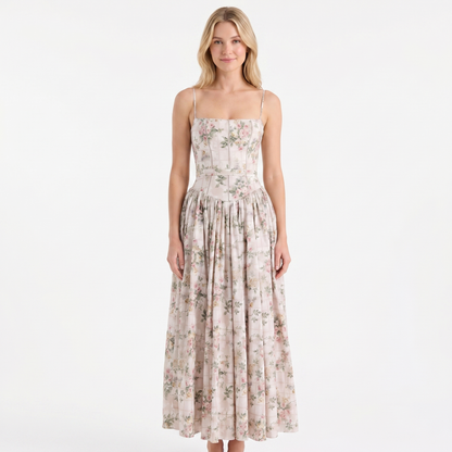 Women's Corset Bodice Maxi Dress Spaghetti Strap Full Skirt A-Line Sundress