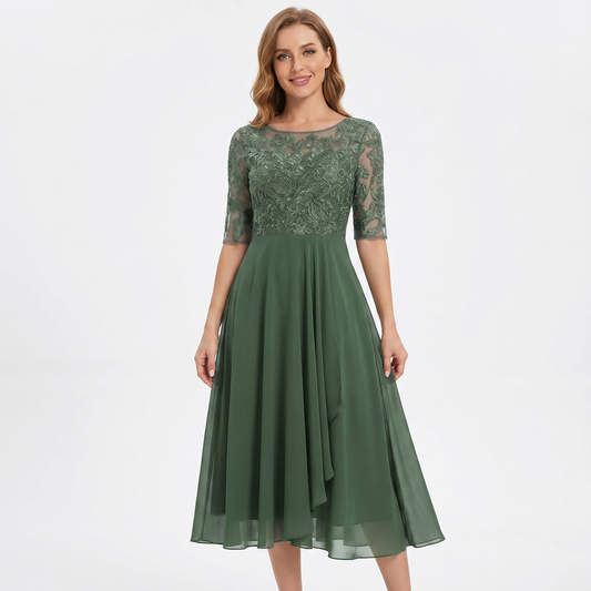 Women's Lace Bodice Chiffon Midi Dress Half Sleeve A-Line Mother of the Bride