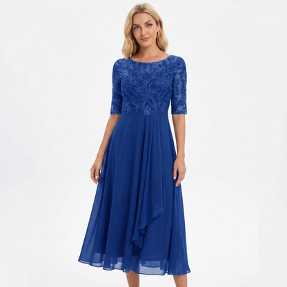 Women's Lace Bodice Chiffon Midi Dress Half Sleeve A-Line Mother of the Bride