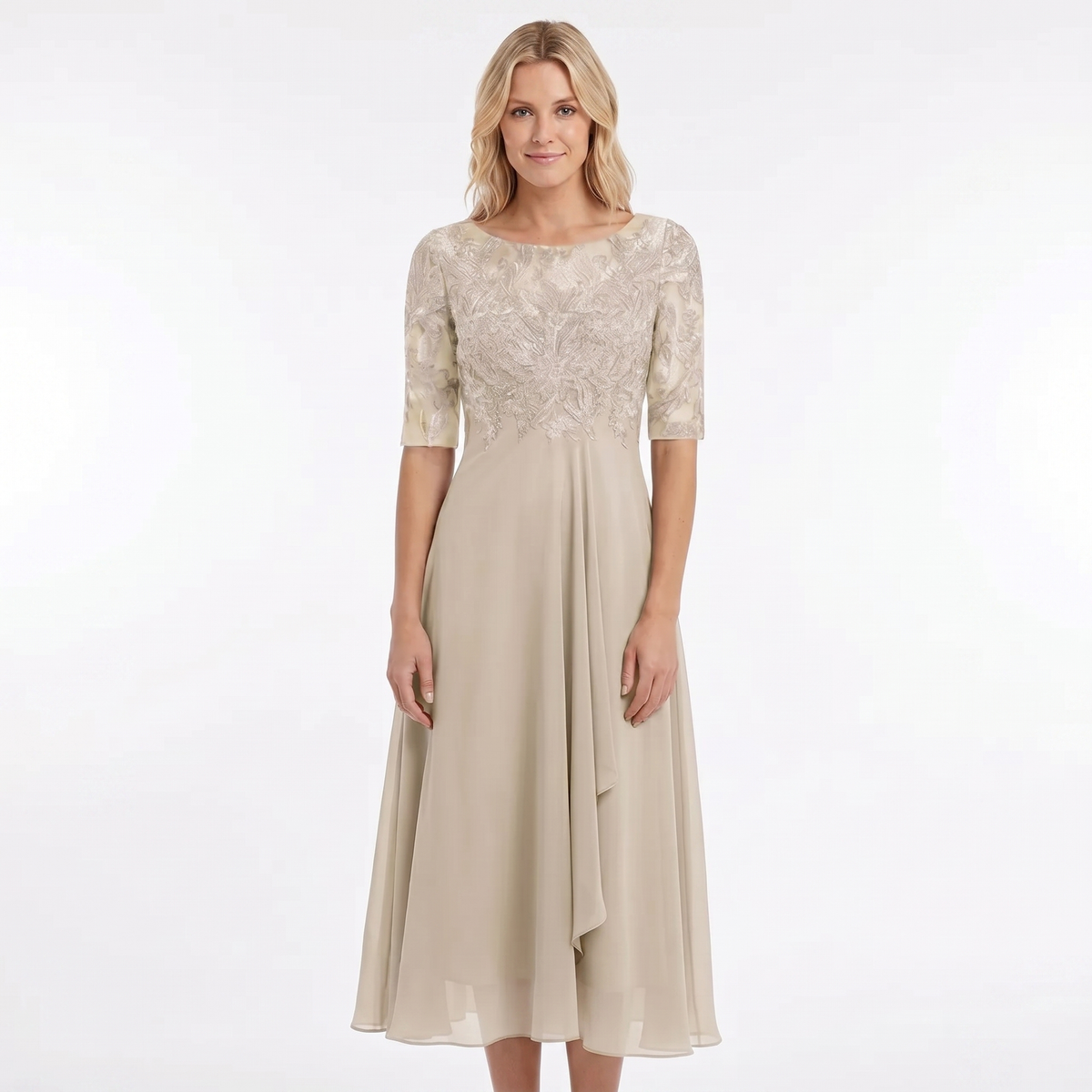 Women's Lace Bodice Chiffon Midi Dress Half Sleeve A-Line Mother of the Bride