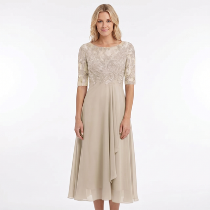 Women's Lace Bodice Chiffon Midi Dress Half Sleeve A-Line Mother of the Bride