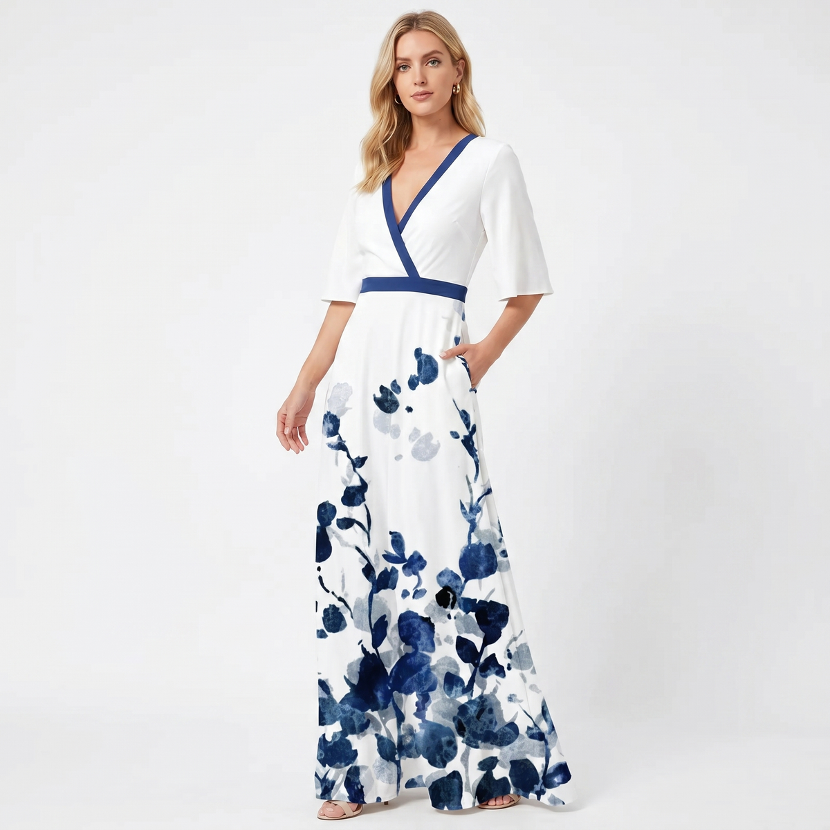 Women's Floral Print Maxi Dress Deep V-Neck Flutter Sleeve A-Line Occasion