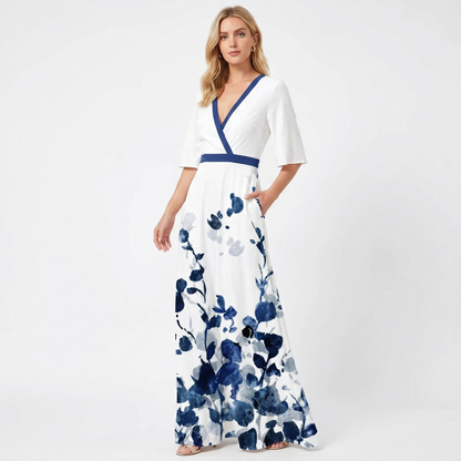 Women's Floral Print Maxi Dress Deep V-Neck Flutter Sleeve A-Line Occasion