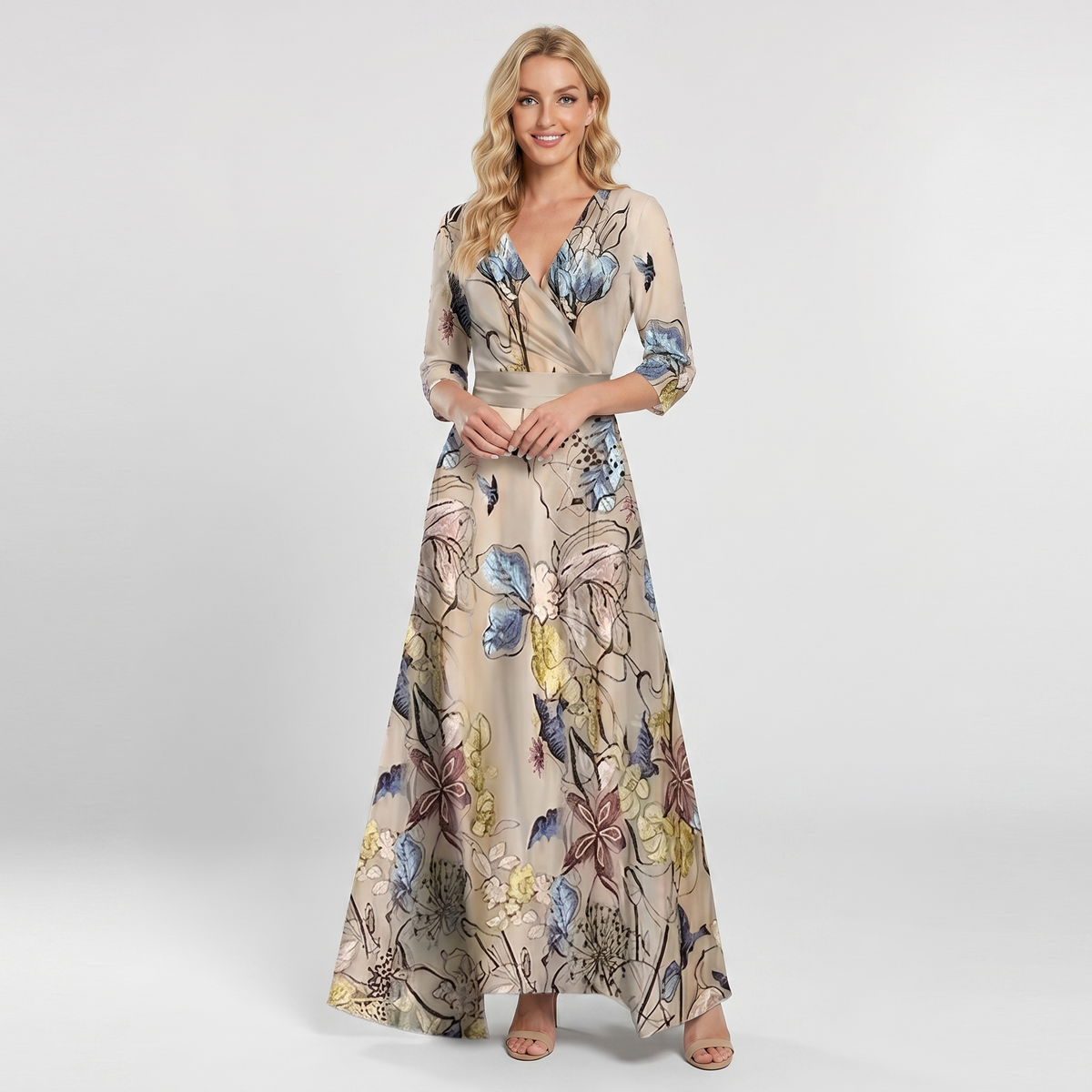 Women's Floral Print Maxi Dress Deep V-Neck Flutter Sleeve A-Line Occasion