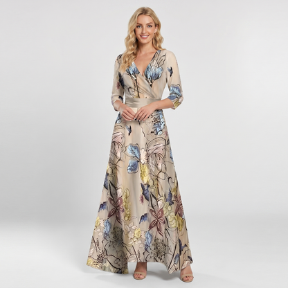 Women's Floral Print Maxi Dress Deep V-Neck Flutter Sleeve A-Line Occasion